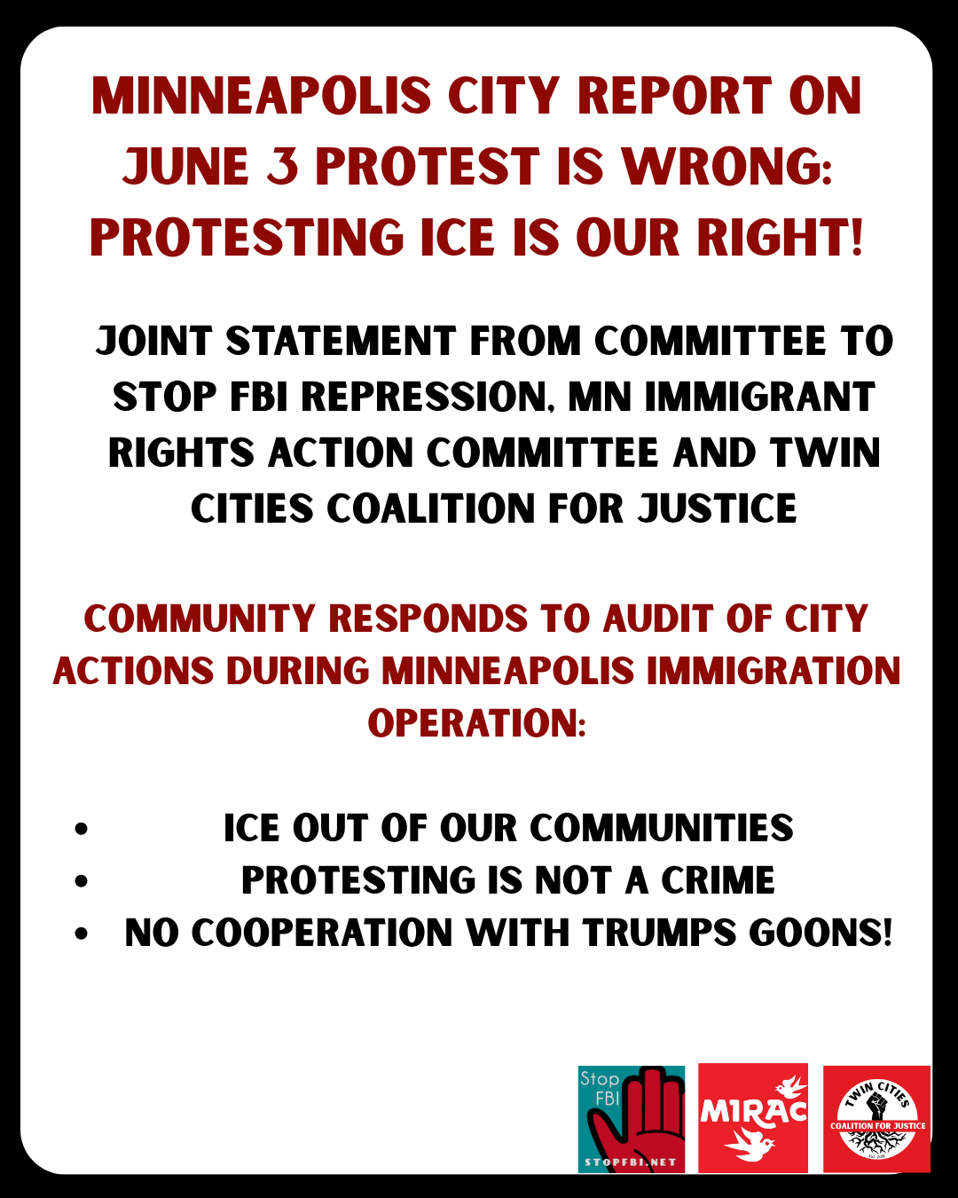 Minneapolis City Report On June 3 Protest is Wrong: Protesting ICE is Our Right!