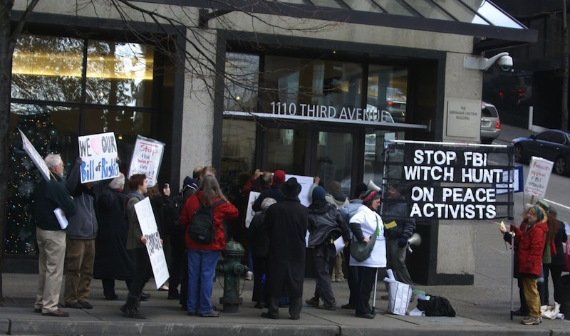 Protesters outside of FBI office in downtown Seattle.