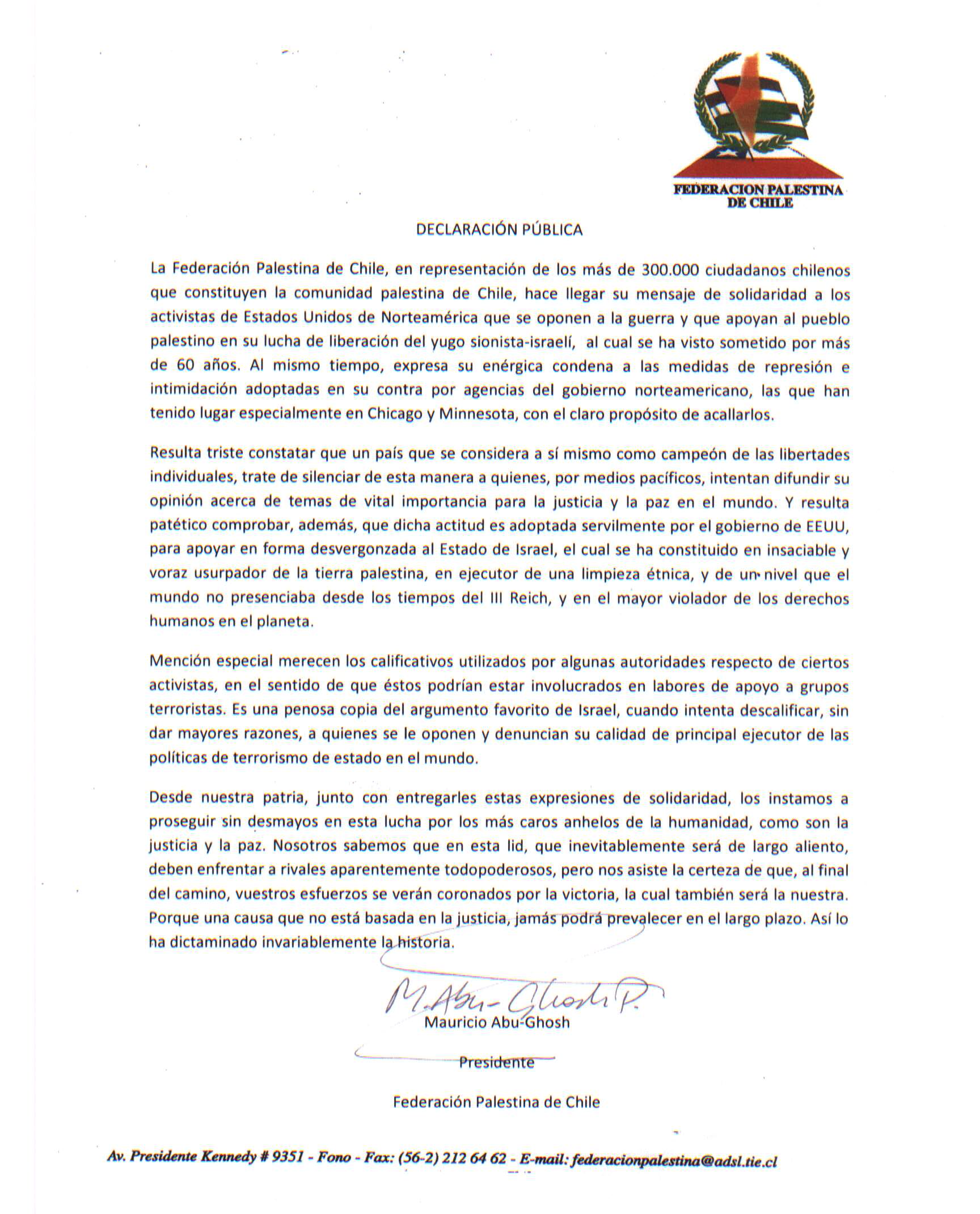 Public Declaration from the Palestinian Federation of Chile